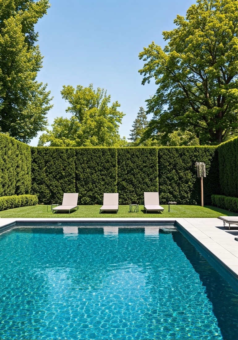 Sunny backyard pool with lounge chairs and tall green hedges